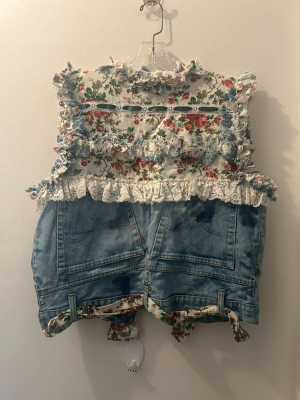 One of a Kind Upcycled Handcrafted Floral Lace Ribbon Distressed Denim Vest - Picture 14 of 16